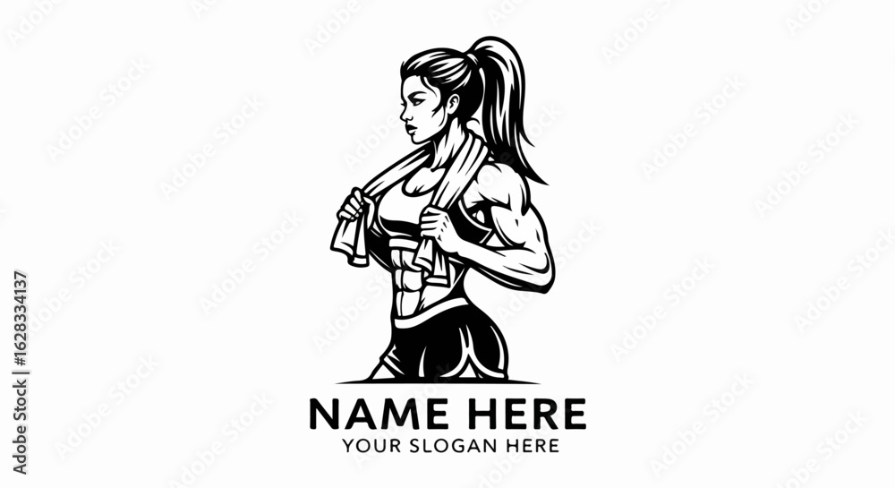 Fototapeta premium Black and white graphic of a strong, muscular woman with a ponytail, holding a towel around her neck after a workout.