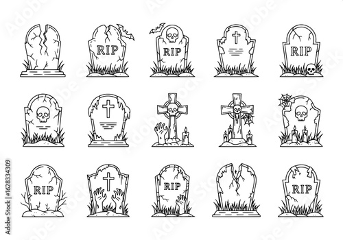 A gothic collection of 16 Halloween tombstone icons in black and white. Featuring ornate carvings, iron crosses, and weathered headstones with a vintage, eerie aesthetic. Ideal for horror design.