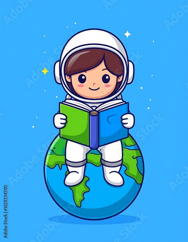Cute astronaut girl reading on Earth