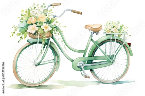 Watercolor green bycicle with flowers. Wedding floral bycicle.