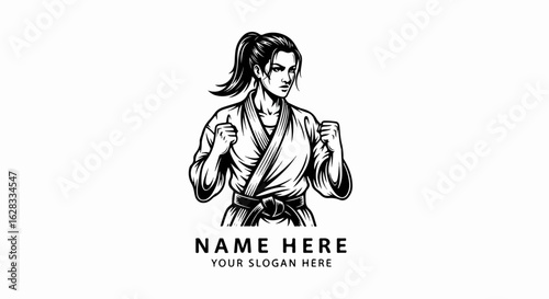 Determined female martial artist with a ponytail in a fighting stance, wearing a gi and black belt.