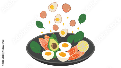A plate containing salmon avocado spinach eggs and lemon with eggs floating above the plate above it