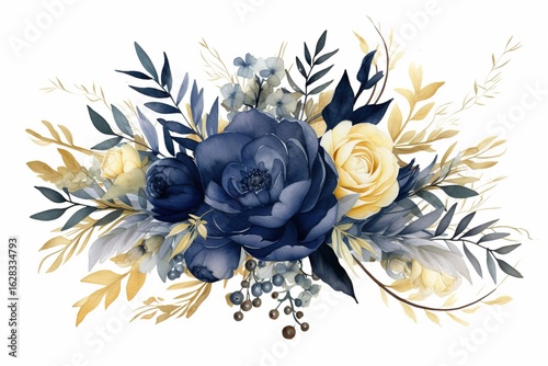 watercolor navy blue bouquet, gold leaves, botanical, clip art drawing