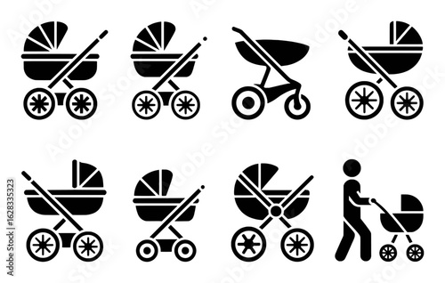 Baby stroller icons set for transportation and parenting pram carriage