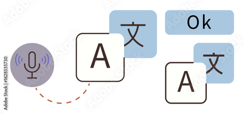 Microphone emitting sound waves connecting to translated multilingual text with language characters. Ideal for communication, technology, AI, translation, speech recognition, language learning