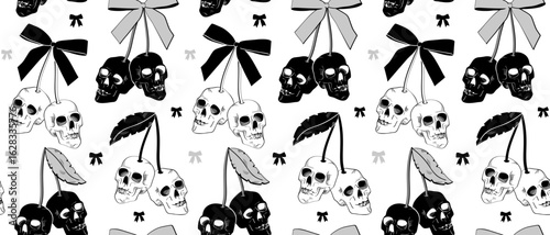 Seamless Halloween pattern with cherry-like skulls tied with bows. Hand drawn illustrations, icons, clipart. Vintage coquette aesthetic, cute spooky design for background, wallpaper, print, fabric.