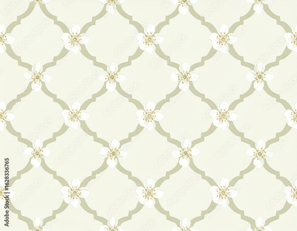 Fototapeta premium Cream Quatrefoil Pattern with White Flowers