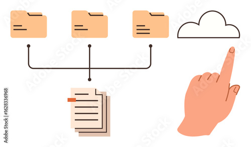 Networked folders connected to documents and cloud with hand indicating cloud storage. Ideal for data organization, cloud computing, digital workflow, online storage, remote access, technology