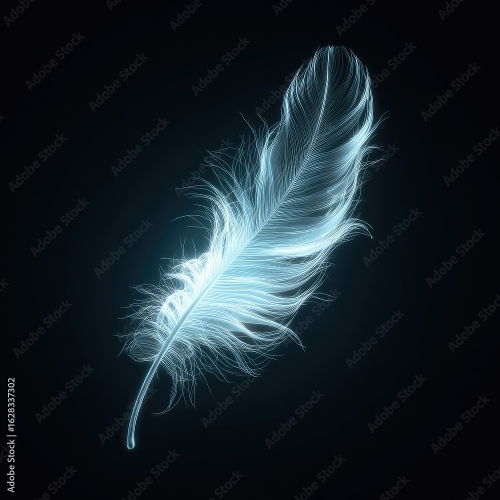 Obraz premium Glowing feather, light blue hue, dark background