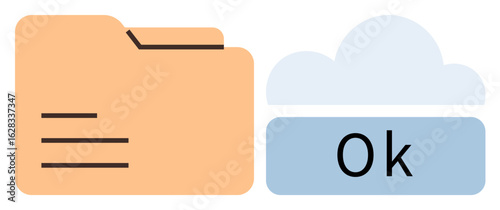 Yellow folder and cloud with Ok text signify secure cloud storage, document management, and approvals. Ideal for cloud computing, organization, backup, authorization, data sharing, technology simple