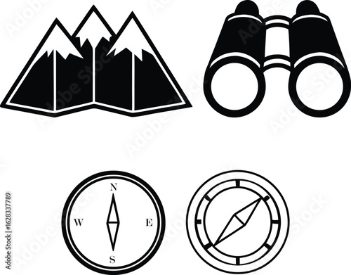 Black and white adventure icons including mountains binoculars and compasses travel exploration