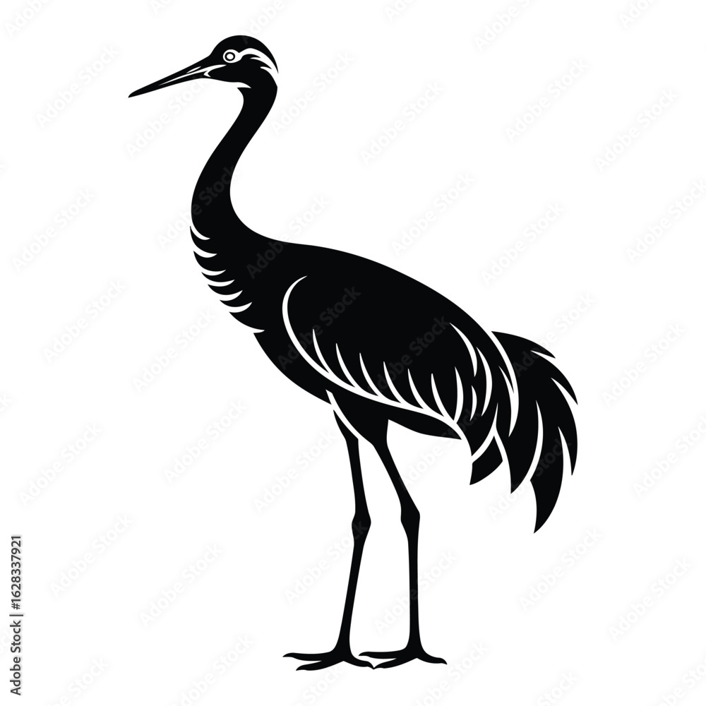 Obraz premium Elegant Black Crane Silhouette on White Background Representing Grace and Serenity for Design and Symbolism Projects