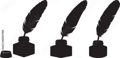 Three quill pens and inkwells silhouette