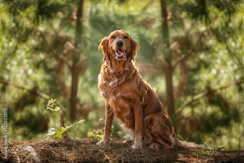 Golden Retriever sitting in the forest with sun shining