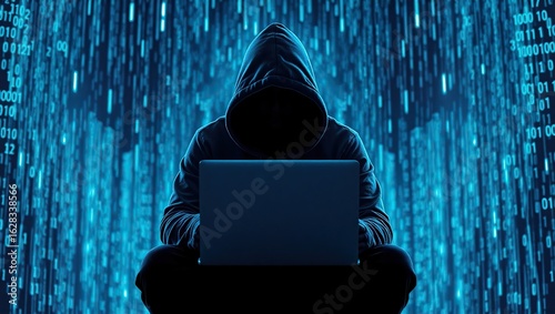 Anonymous hacker silhouetted against a digital matrix of blue binary code