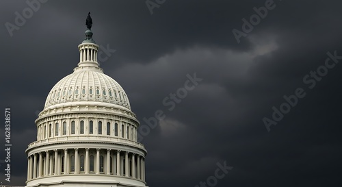 Dramatic view of the US Capitol Building under a stormy sky