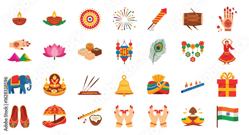A vibrant collection of colorful vector illustrations representing various elements and symbols associated with the Hindu festival of Diwali, perfect for design and celebration.