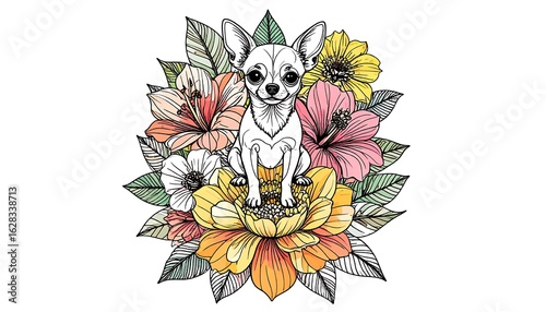 Cute dog surrounded by flowers