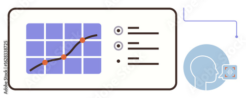 Graph with data points on a grid, control panel, and voice recognition technology indicating smart analytics. Ideal for technology, AI, data science, innovation, software, research communication