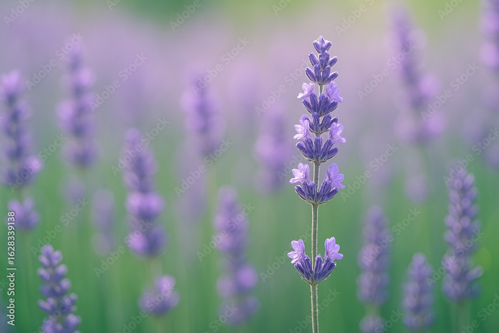 Obraz premium Lavender Field Serenity: A close-up shot of a lavender flower captures the enchanting essence of a vast lavender field bathed in soft light.