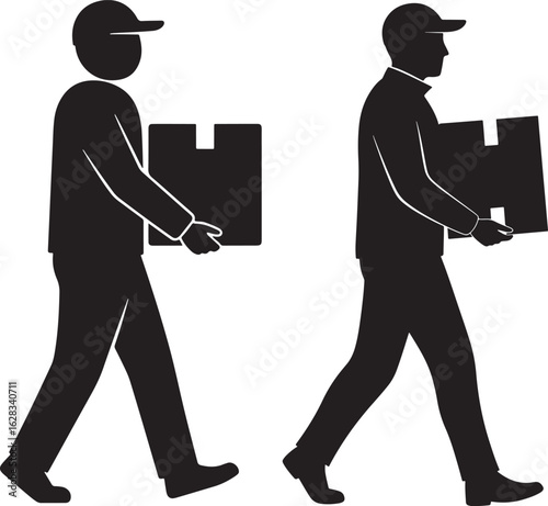 Two delivery men carrying boxes silhouette