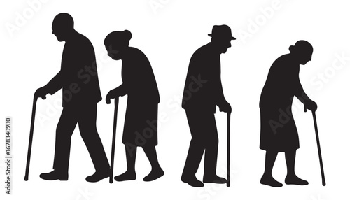 "Elderly People with Canes Silhouette – Aging Seniors Walking Vector"

