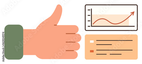 Hand giving thumbs-up beside a rising graph and checklist. Ideal for success, achievement, productivity, growth, evaluation, motivation, leadership concepts. Minimal design simple flat metaphor
