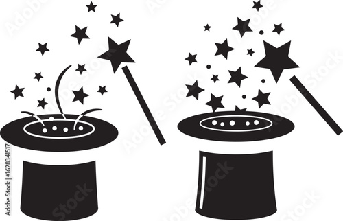 Magic hat and wand silhouette with stars