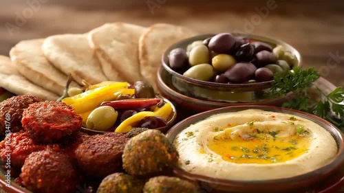 Appetizing Mediterranean Mezze Platter with Hummus, Falafel, Olives and Pita Bread Arrangement