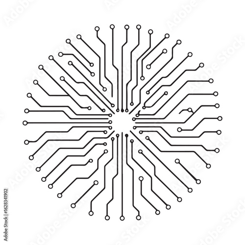 "Radial Circuit Board Pattern – Tech Chip Line Art Vector Design"

