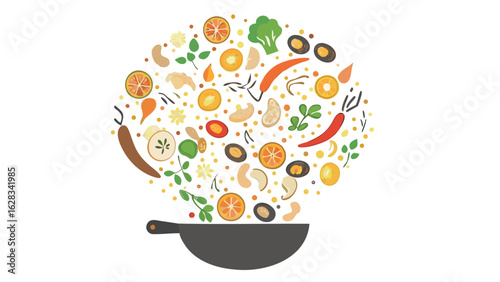 Illustration of a wok with ingredients such as oranges, peppers, nuts, and broccoli floating above it