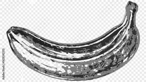Grayscale illustration of a single banana with distinct textural details and a curved shape design