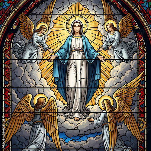 Stained Glass of Virgin Mary and Angels in Heavenly Ascent