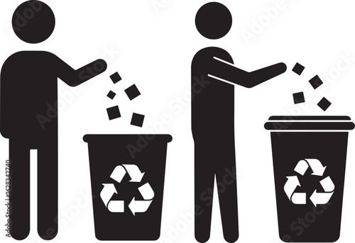 People throwing trash into recycling bins silhouette