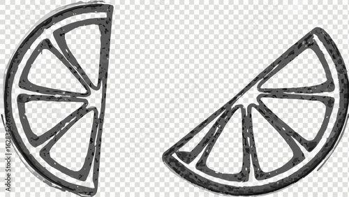 Two stylized lemon or lime slices with dark outline and segments on a transparent background design