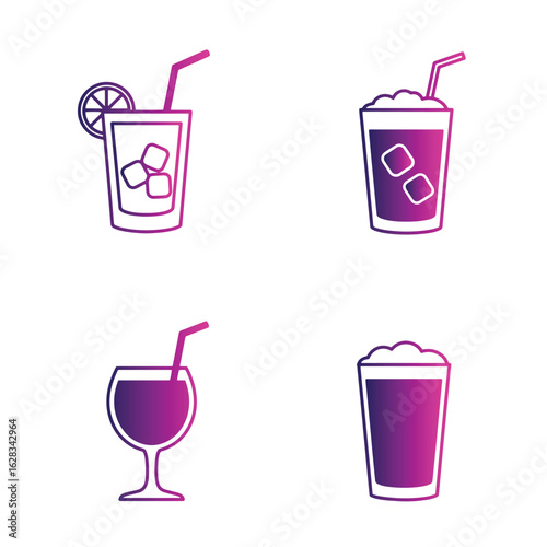 Purple gradient illustrated collection of cocktails and beverages isolated on white background