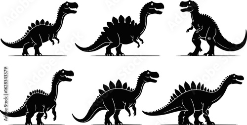 Black Dinosaur Silhouette Vector Set – Prehistoric Creatures in Flat Minimal Style