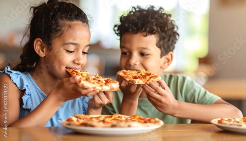 Two Children Enjoying Delicious Pizza Together