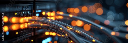 Close-up of network cables connected to a server rack.  Illuminated fiber optic cables weave through a dark server rack.  Bokeh effect highlights the intricate connections