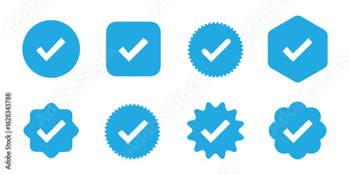 Collection of Blue Check Mark Icons. Circular, Square, Starburst & Hexagon Variants.