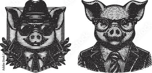  Lined photocopy effect monochrome engraving bundle featuring pig wearing glasses suit old vintage frame digital art