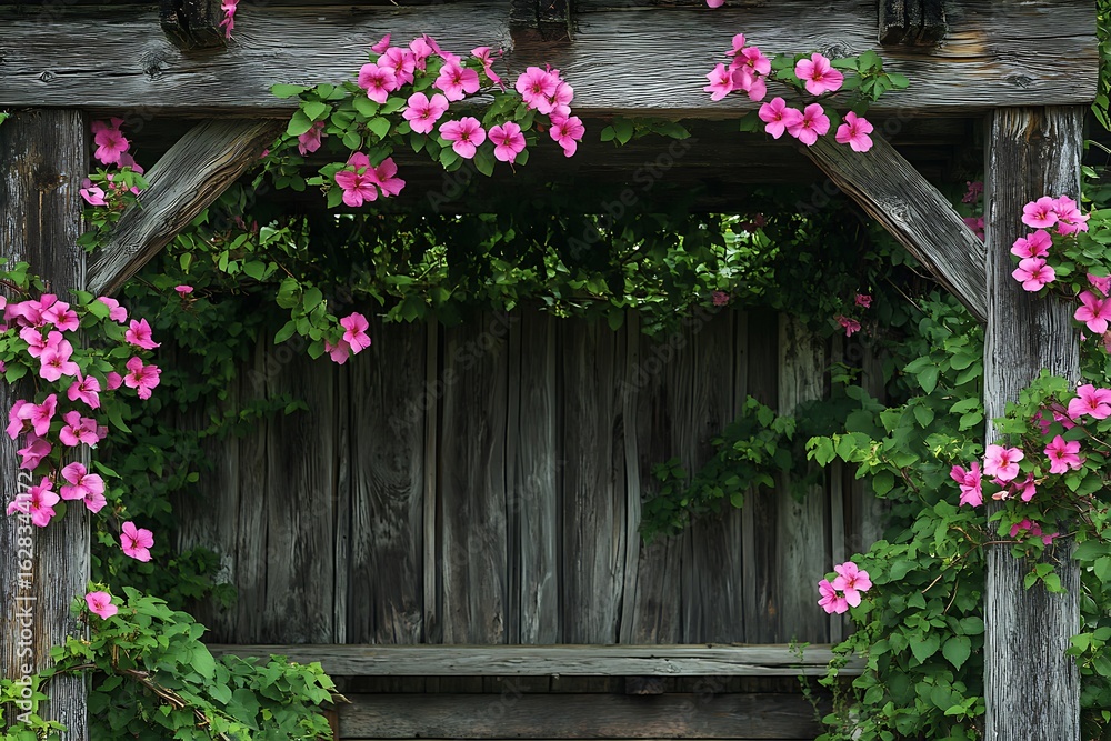 Fototapeta premium Mandevilla vines wrapping tightly around a weathered wooden pergola, bold pink flowers blooming against the rough wood, adding a splash of tropical color to the rustic garden space