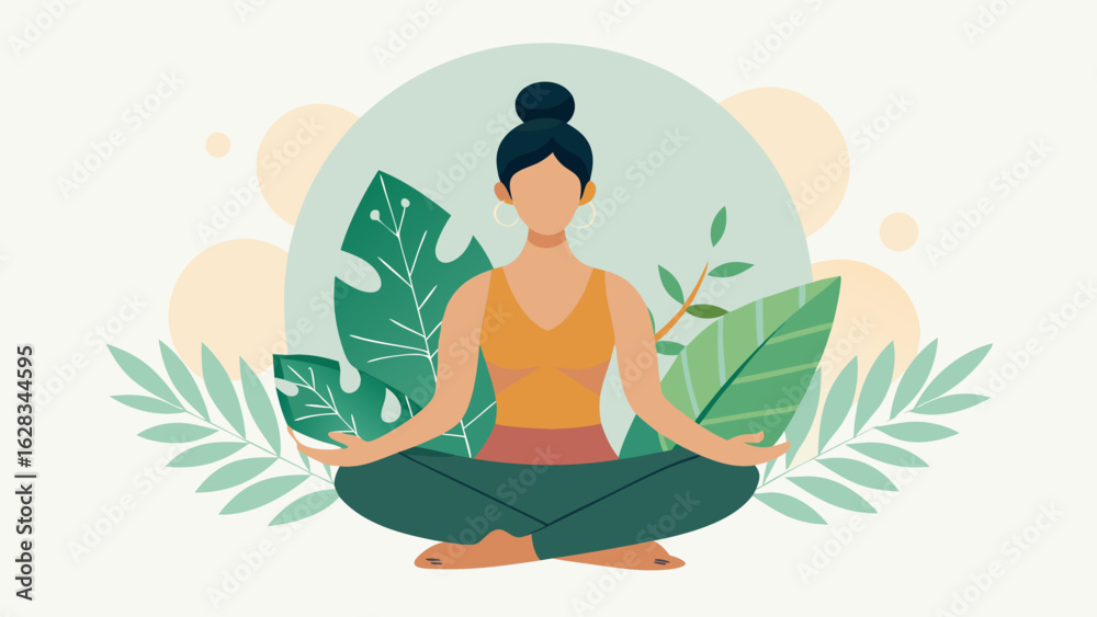 custom made wallpaper toronto digitalMinimalist Vector Illustration of a Woman Meditating in Lotus Pose with Tropical Leaves