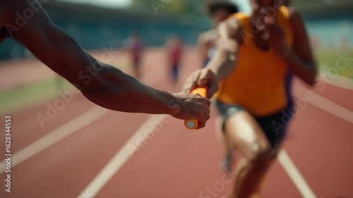 Detailed shot of baton handoff between runners, arms extended, focus on baton grip, powerful sprint, race moment in motion.
