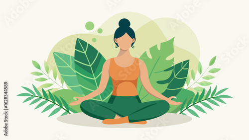 Minimalist Vector Illustration of a Woman Meditating in Lotus Pose with Tropical Leaves