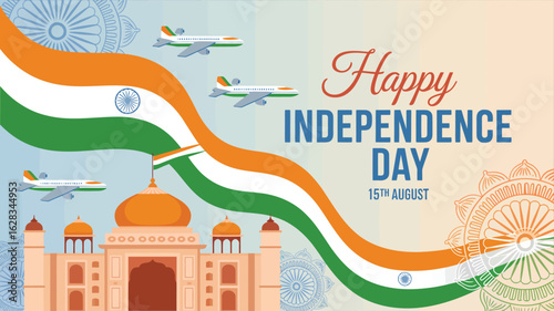  Indian Independence Day Poster with Flag Colors, Ashoka Chakra, Taj Mahal, Tricolor Jet Trail, and Decorative Mandala Background