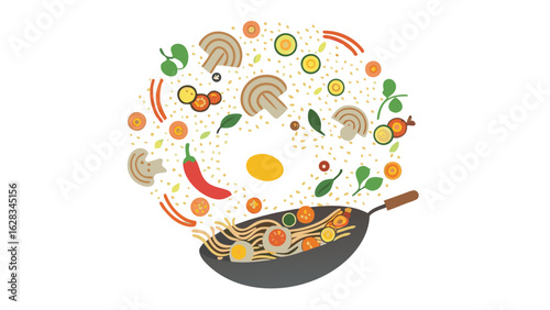 Illustration of asian food ingredients flying above a wok with noodles and fried eggs inside the pan view