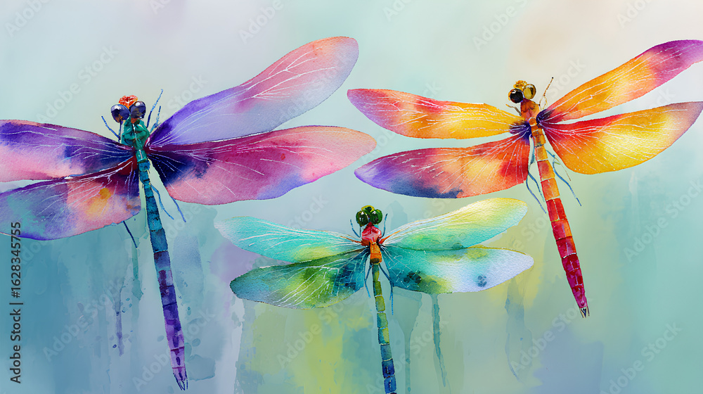 Cool summer background with watercolor dragonflies Cool summer background with watercolor dragonflies
