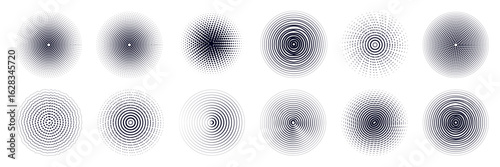 Set of echo pattern with shockwave and radiate wave. Black circular radial round concentric rings. Texture with energy effect and vibration.