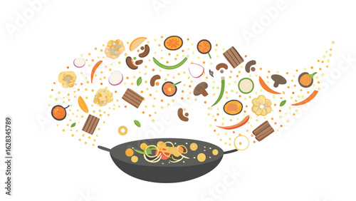 Illustration of a wok with vegetables and ingredients floating above it on a white background